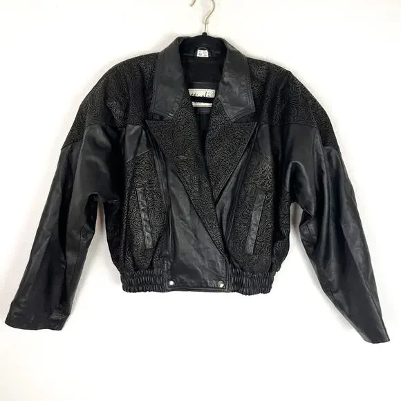 Vintage 80s Womens Black Leather Jacket Cropped Mob Wife Retro Moto Urban Medium - Picture 5 of 11